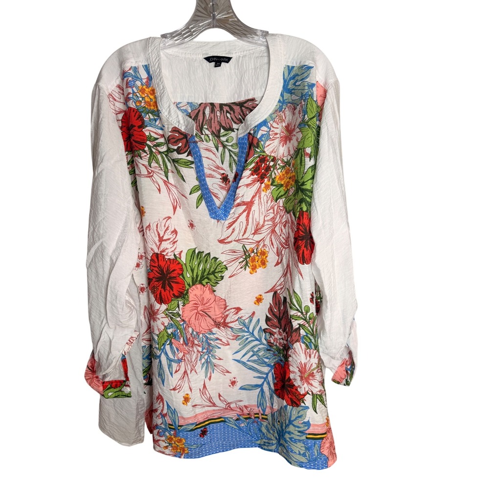 John Mark Tropical Floral Tunic Women 3X White Rayon Nylon Split Neck Top